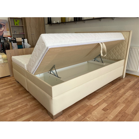 Posteľ SAVANA - poťah koženka krémová + koženka štvorce - podklad pod matrace: pevný podklad - detail úložného priestoru